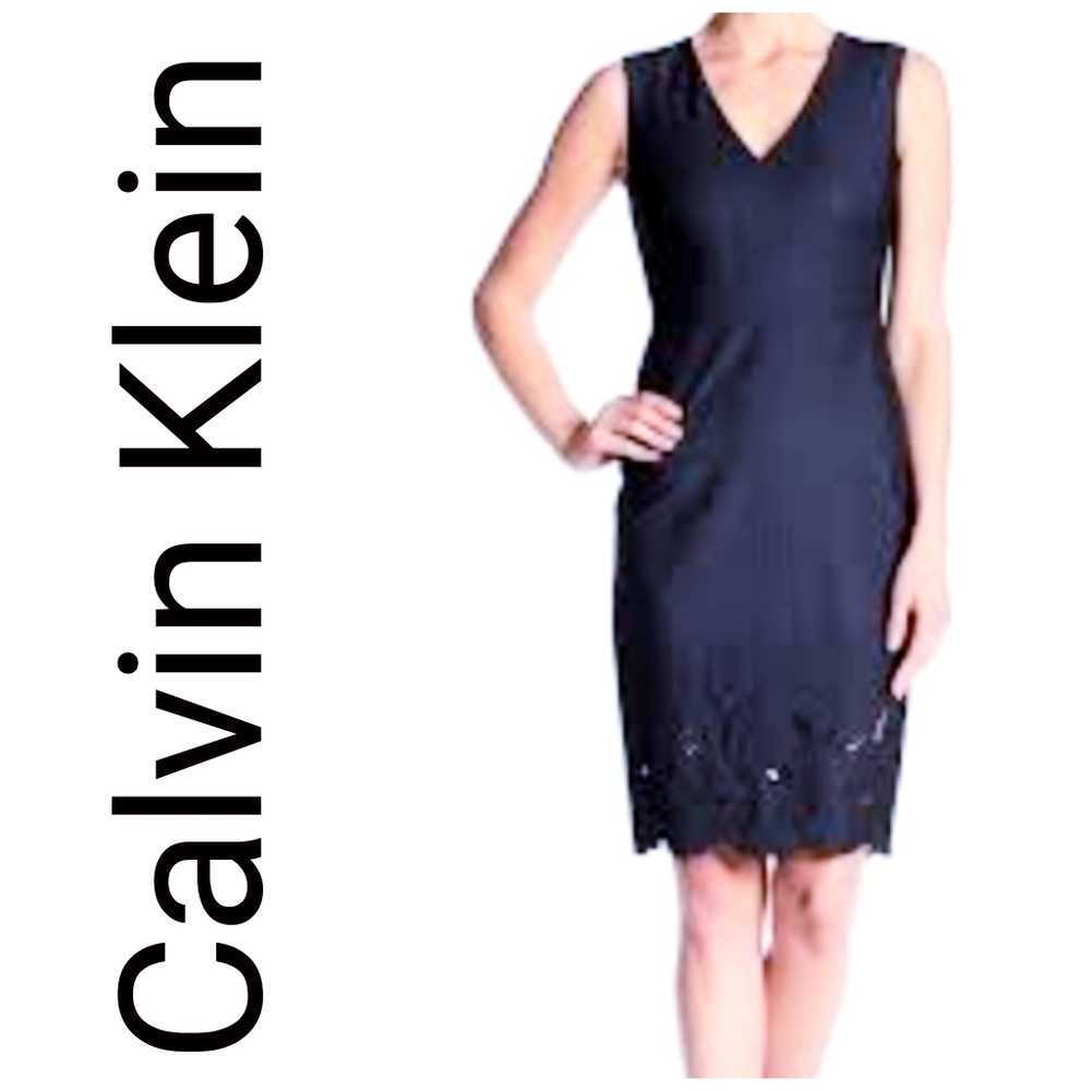 Calvin Klein Nwt Denim Sleeveless Embroidered Sheath Dress
